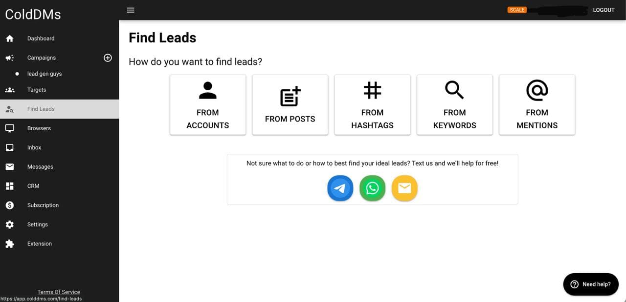 ColdDMs Find Leads dashboard